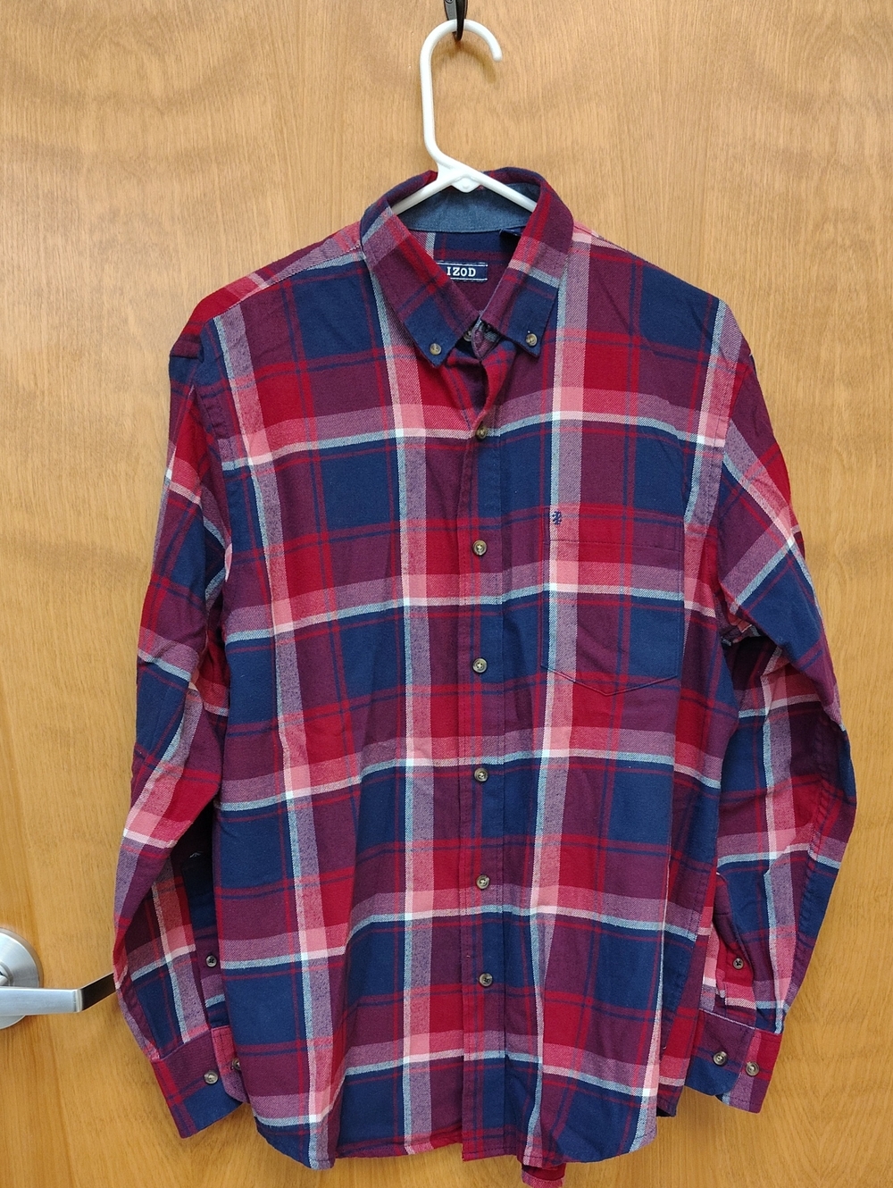 Izod Red and Navy Plaid Button-Down Flannel Shirt